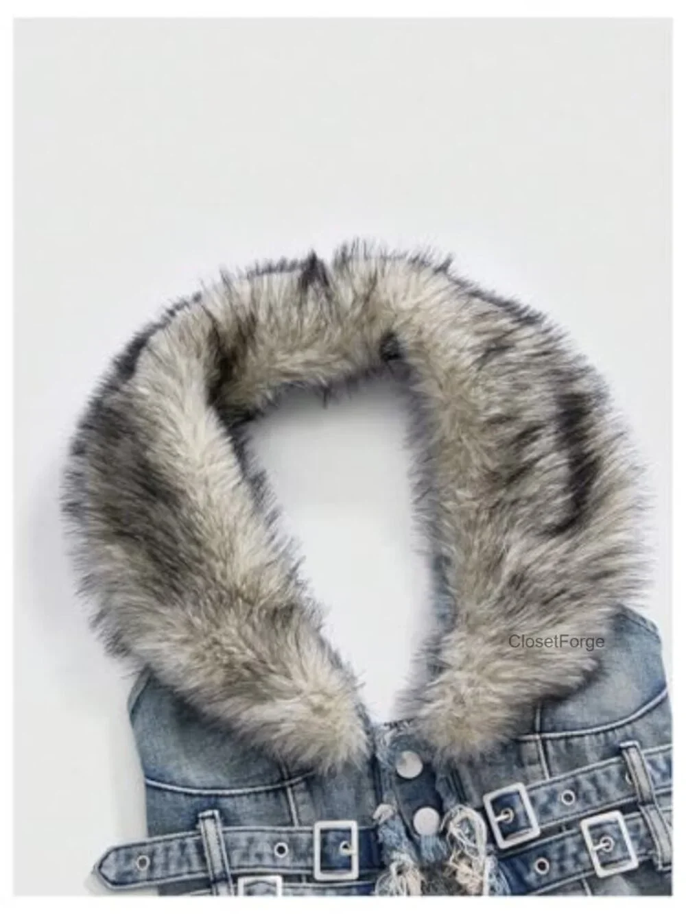 Faux Fur Denim Vest Smocked Open Back Sleeveless Raw Trim Cropped Vest